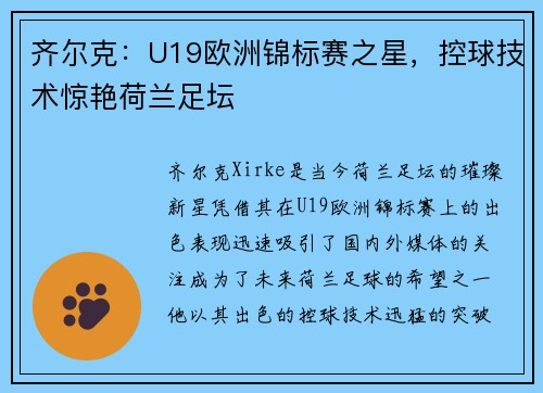 齐尔克：U19欧洲锦标赛之星，控球技术惊艳荷兰足坛