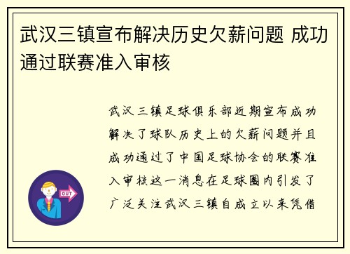 武汉三镇宣布解决历史欠薪问题 成功通过联赛准入审核