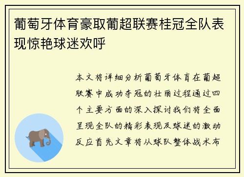 葡萄牙体育豪取葡超联赛桂冠全队表现惊艳球迷欢呼 葡萄牙体育豪取葡超联赛桂冠全队表现惊艳球迷欢呼