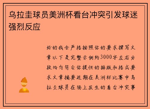 乌拉圭球员美洲杯看台冲突引发球迷强烈反应